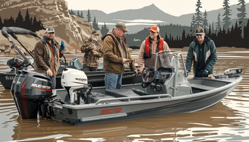 Outdoor enthusiasts prepare boats with DIY mud motor kits in a shallow water setting, showcasing camaraderie and adventure.