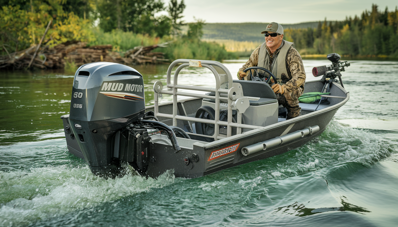 A duck hunter navigates a small boat with a powerful mud motor on a serene river in the Canadian wilderness.